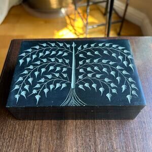 India Decorative stone box soapstone or marble carved tree motif on lid hinged